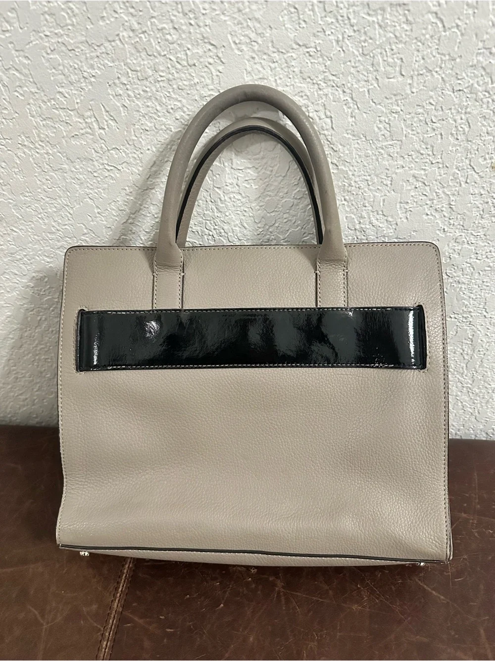 kate spade Taupe Leather Satchel with Black Patent Bow